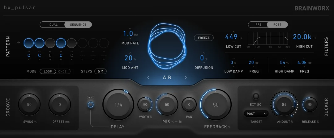 bx_pulsarの操作画面。ディレイ、フィルター、ダッカーなどの設定が並びます。